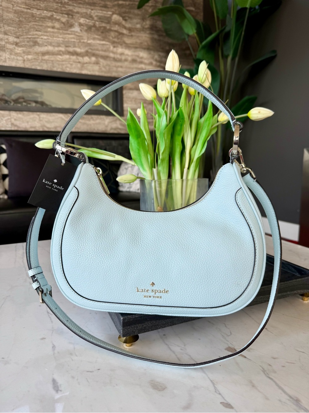 New Kate Spade Leila Pebbled Leather Shoulder/Crossbody Bag Crisp Sky - Picture 3 of 16